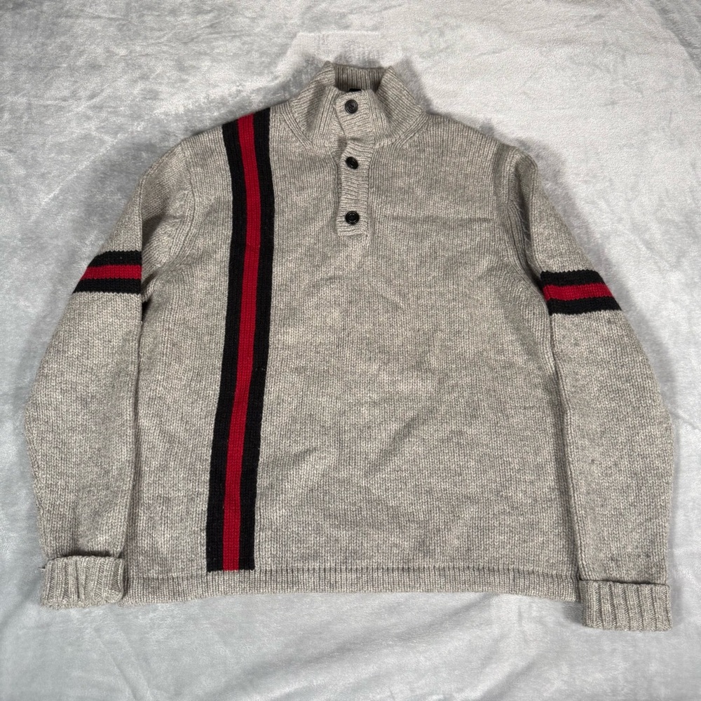 Vintage GAP Mock Neck Henley Sweater Mens M Lambswool Striped Knit Gray